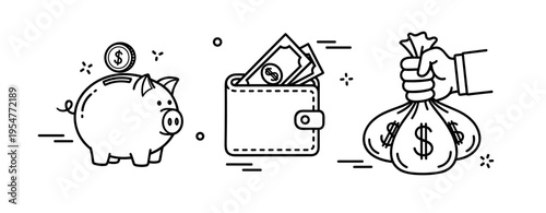 Financial concept: piggy bank, wallet with cash, and bag of money icons