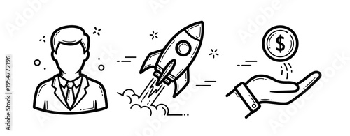 Business growth concept: rocket launch, businessman, and financial success icons