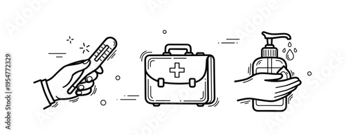 Thermometer, first aid kit, and hand sanitizer: health and safety essentials