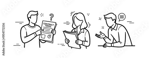Young professionals discussing contract terms in an office setting illustration