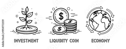 Investment growth, liquidity coins, and global economy icons