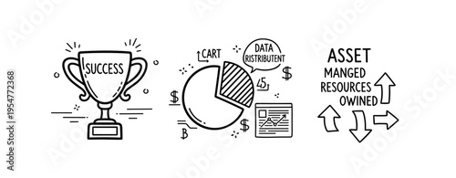 Business success concept with trophy, pie chart, and resource management icons