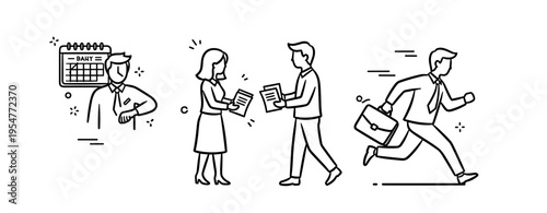 Busy office worker moments: meeting deadlines, collaborating, rushing for appointments