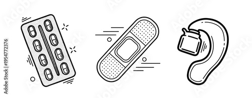 Set of medical icons: pills, bandage, and hearing aid