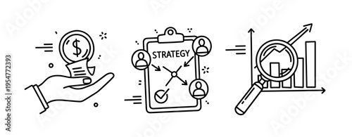 Business strategy concepts: financial management, teamwork, and growth analysis