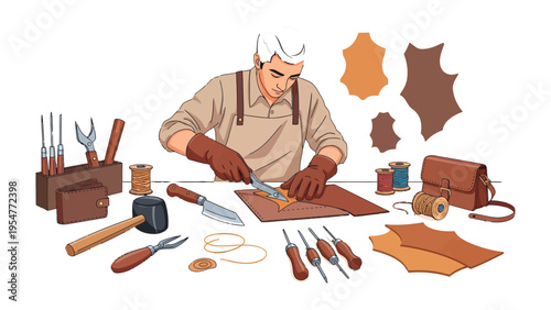 Artisan Crafting Leather: A skilled artisan meticulously works with leather, expertly shaping and crafting a new product with precision and care, revealing the artistry and skill of the craftsman.