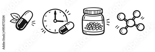 Hand-drawn icon set of pills and supplement elements with clock and molecule