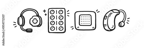 Healthcare icons: headset, pills, bandage, hearing aid in black and white doodle design