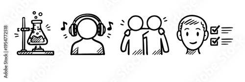 Icons of science, music, friendship, and personal choice in simple sketch style