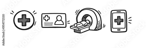 Healthcare icons: medical id, ct scanner, mobile health app