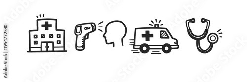 Healthcare icons: hospital, thermometer, head, ambulance, stethoscope