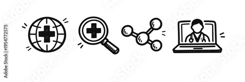 Medical and technology icons: global health, research, molecular structure, online doctor