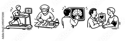 Medical illustrations: treadmill test, surgery, brain scan, doctor check-up