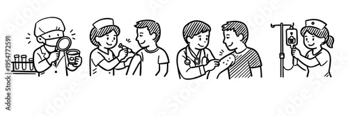 Medical professionals: lab testing, vaccination, examination, iv therapy