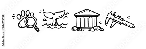 Animal tracking, whale watching, archeology, and precision tools icons