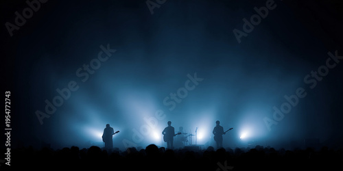 A band performing on stage in a dark, atmospheric setting, bathed in blue light. Silhouette figures playing their instruments create a dramatic and captivating visual
