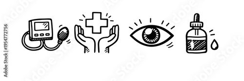 Healthcare icons: blood pressure monitor, medical cross, eye, medicine dropper