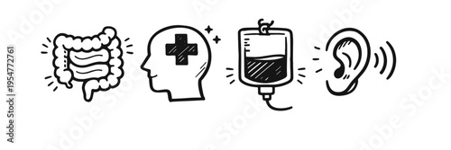 Hand-drawn medical icons including intestines, human head, iv drip, and ear