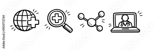 Healthcare technology icons: global health, search, molecule, telemedicine