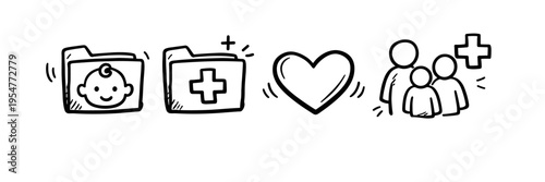 Healthcare icons featuring family, heart, and medical folders