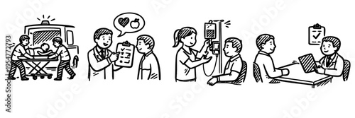 Medical teamwork and patient care: ambulance, checkup, treatment procedures