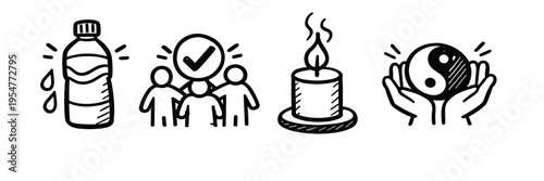 Hand-drawn icons of water bottle, group, candle, and yin yang symbol