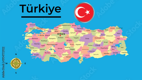Detailed political map of Turkey with provinces, city names, capital Ankara and national flag icon on blue background.