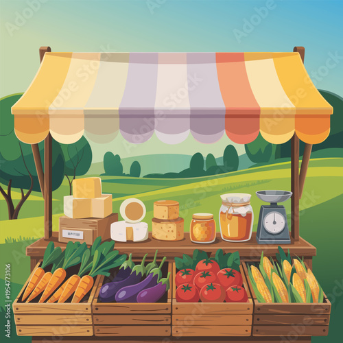 Outdoor farm market stalls, wooden fair booths or kiosks with striped awning and farmer food honey, dairy products and vegetables. Wood vendor counters for street trading, Cartoon vector illustration