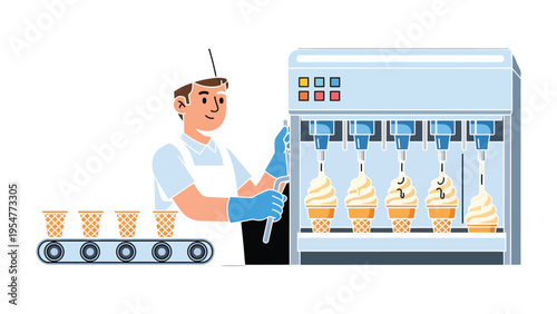 Ice Cream Production Line: Capturing the meticulous process of ice cream creation, a worker expertly operates a machine, crafting perfect swirls of ice cream into cones.