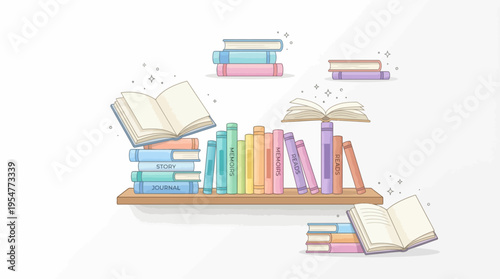 Colorful bookshelf illustration with stacked books and floating pages, inviting reading, learning, and study.
