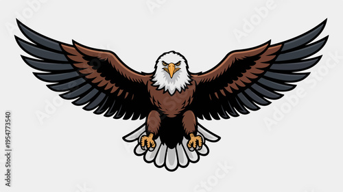 American bald eagle soaring with spread wings in flight against gray background