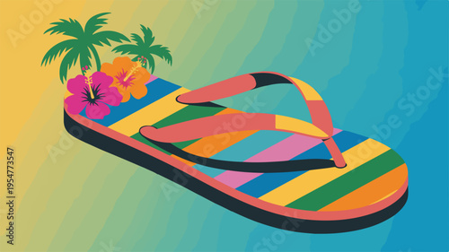 Colorful beach flip flop with palm trees and cocktail on a vibrant gradient background for summer vacation