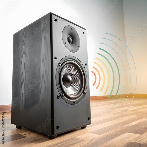A high-quality black wooden bookshelf speaker emitting colorful sound waves in a modern room setting