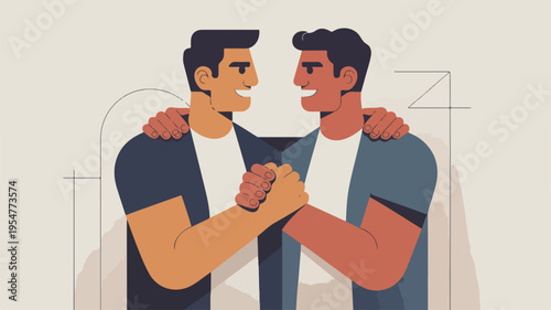 Two men embracing and showing affection hands clasped smiling at each other in a moment of friendship and support