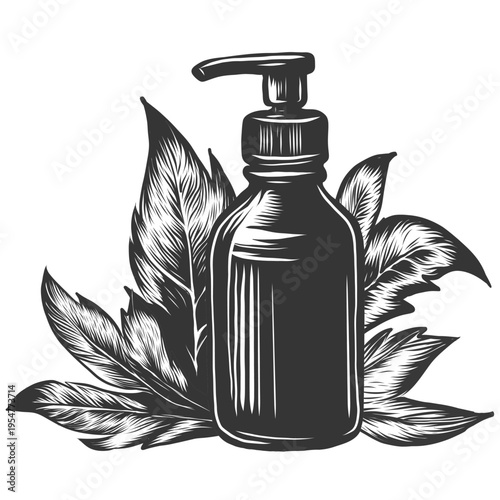 Sketch drawing of cosmetic pump bottle. Black and white dispenser bottle. Jar with essential. Aromatherapy, essential oils, cosmetics treatment concept. Vector clipart in engraving imitation style.