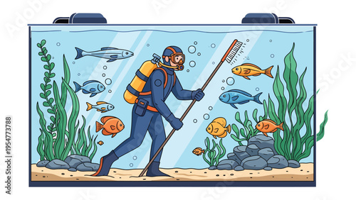 Aquarium Maintenance: A scuba diver meticulously cleans a vibrant aquarium, filled with colorful fish and aquatic plants, ensuring a pristine aquatic environment.