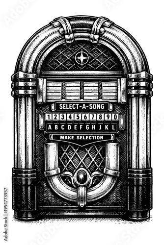 Detailed vintage jukebox illustration, black and white etching. Features 'Select-A-Song,' 'Make Selection,' and input buttons (1-0, A-L). Evokes retro, mid-century music, nostalgia, Americana, and cla