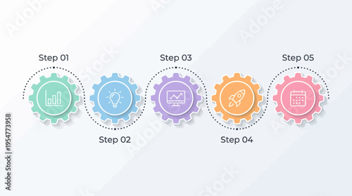 Five-Step Gear Infographic: Circular Workflow Diagram for Visualizing a Step-by-Step Business Process