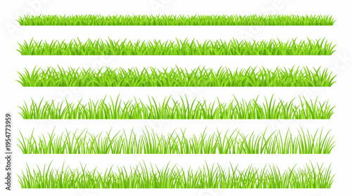 Multiple horizontal rows of vibrant green grass blades on a white background, creating a natural texture for landscaping, design, and background graphics.