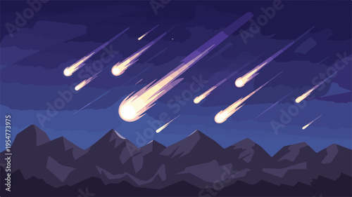 Meteor shower streaks across dark night sky above mountain range vibrant streaks of light