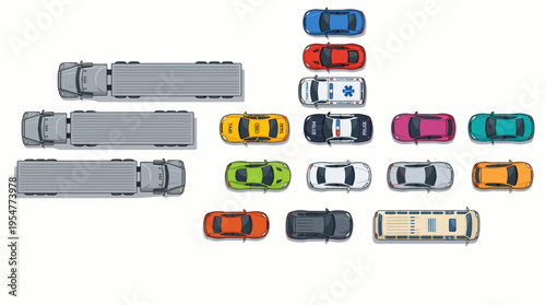 Top-down aerial view of a parking lot with two large gray trucks and a colorful assortment of cars