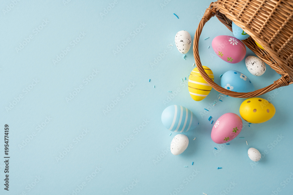 Fototapeta premium Colorful decorated eggs spill from a wicker basket onto a soft pastel blue surface conveying festive spring joy and celebration for Happy Easter