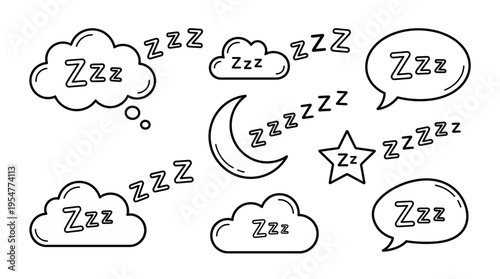 Hand-drawn sleep doodle set with zzz clouds and moon, a cute night-time line art illustration for kids and nursery decor