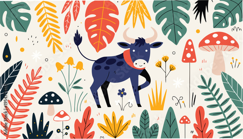 Cute Cartoon Style Safari Creatures Set Featuring a Blue Bull with Plants