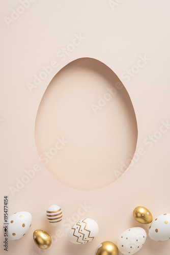 Happy Easter vertical greeting featuring gold and white decorated eggs on a soft pastel background with an egg shaped cutout for message space and minimalist seasonal decoration