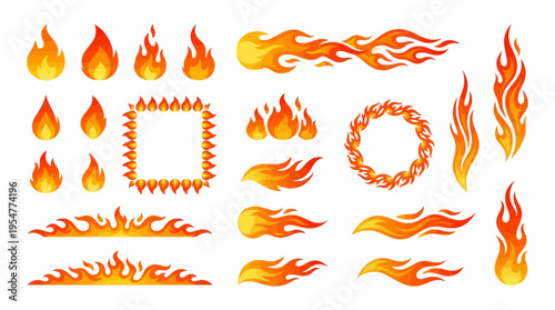 Collection of stylized orange and red flame icons: various flames, flame rings, flame frames, trailing fire shapes for design, branding, and digital artwork