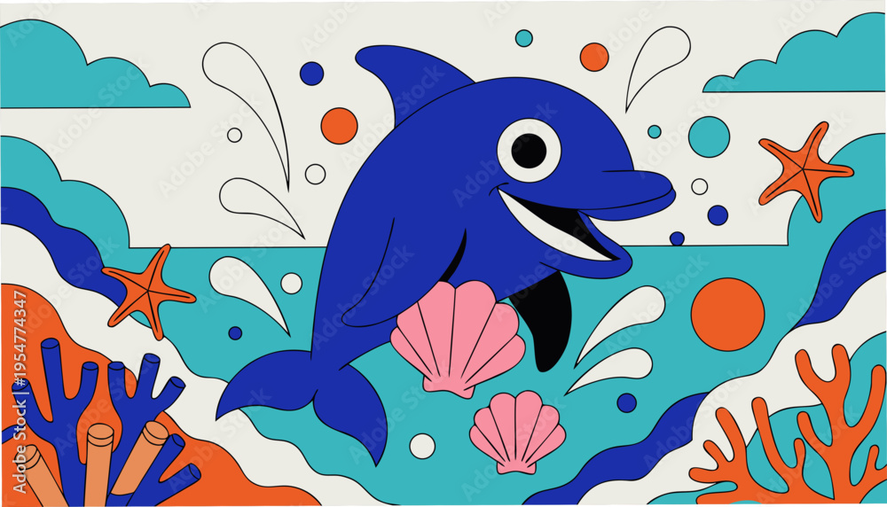 Obraz premium A Friendly Blue Dolphin Character with a Big Smile Splashing in the Ocean