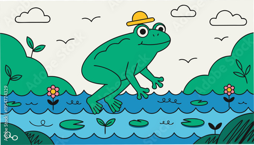 A Cute Cartoon Frog Character Wearing a Small Yellow Hat in a Pond