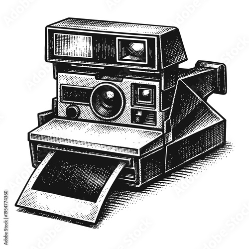 Captivating vintage instant camera illustration in a classic black and white woodcut style, featuring a retro Polaroid-like device with a developing photograph emerging from its slot, ideal for nostal