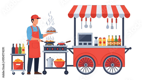 Culinary Corner: A chef prepares a delectable meal at a vibrant food cart, the aroma of delicious food, in a scene that evokes the joy of street food and culinary delight.
